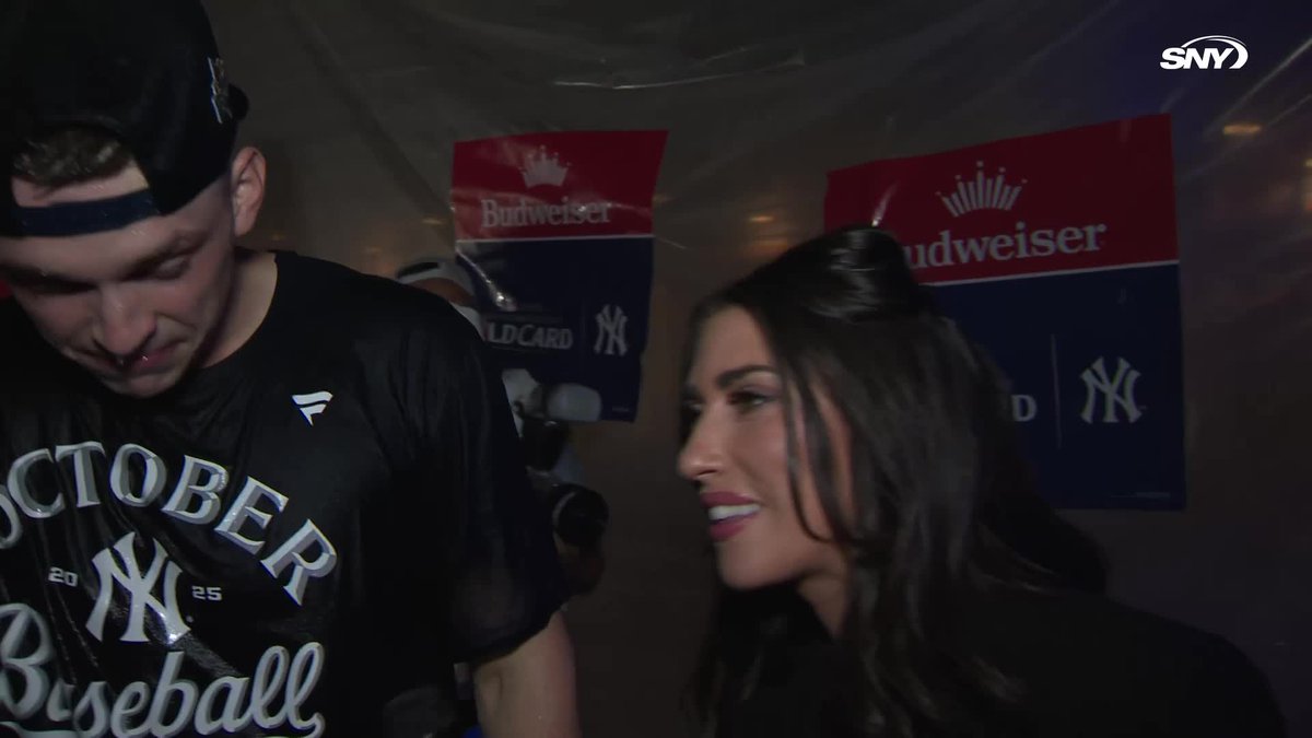 "We're having a blast. It's a great time!" Ben Rice talks with Michelle Margaux in the clubhouse after the Yankees advance to the ALDS:
