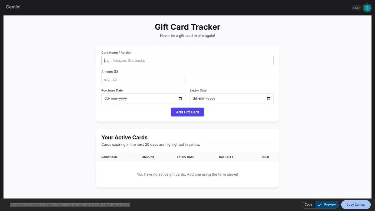 I'm tired of losing money on forgotten gift cards. 😠 So I created a simple Gemini prompt that tracks them ALL for me. It organizes them by store, balance, and expiration date. Check out the screen recording to see it in action! 👇 Want the prompt? 1. Follow me 2. Repost this 3. Comment "Gift Card" I'll DM it to you! 📩 #GiftCardHack #Gemini #ccgeeks