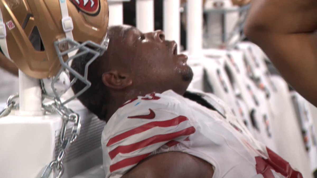 This is the effect of an NFL game on a pro athlete. This is Alfred Collins on the bench after the game-saving play. Cool interaction with rookie Mykel Williams too. #FTTB | #49ers