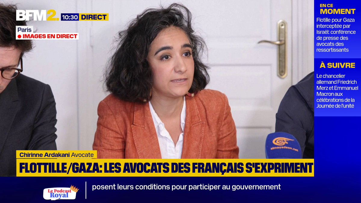 💬 "On ne connaît pas le régime de détention, les conditions dans lesquelles ils ont passé la nuit" Chirinne Ardakani, avocate de ressortissants français à bord de la flottille Global Sumud, déplore l'absence d'informations après l'interception des navires par Israël #BFM2
