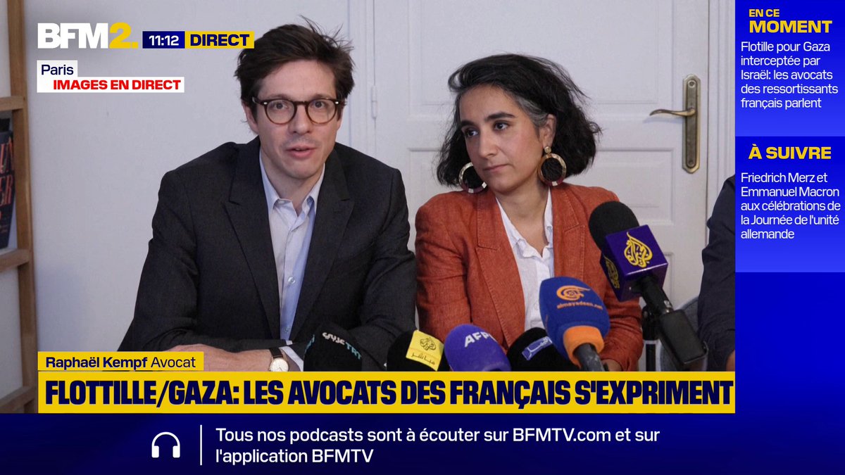 💬 "Nous allons déposer (...) des plaintes car la justice française est compétente pour enquêter sur les crimes dont sont victimes des Français à l'étranger" Raphaël Kempf, avocat de ressortissants français à bord de la flottille pour Gaza, annonce des actions en justice #BFM2