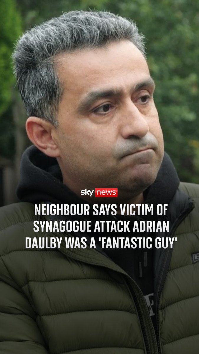 The neighbour of one of the victims of the Manchester synagogue attack says he was a "fantastic guy". Abdul Rahimi told Sky News Adrian Daulby was "one of the best guys I've ever seen in my life". 🔗 Read more:
