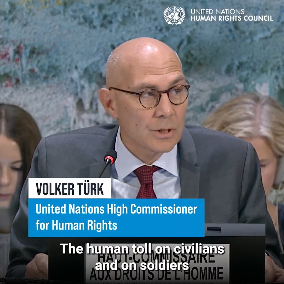 #Ukraine | “This war needs to end," UN Human Rights chief Volker Türk told the United Nations Human Rights Council. "All negotiations and peace initiatives need to prioritize the protection of civilians, and uphold the dignity and rights of all," he said. #HRC60