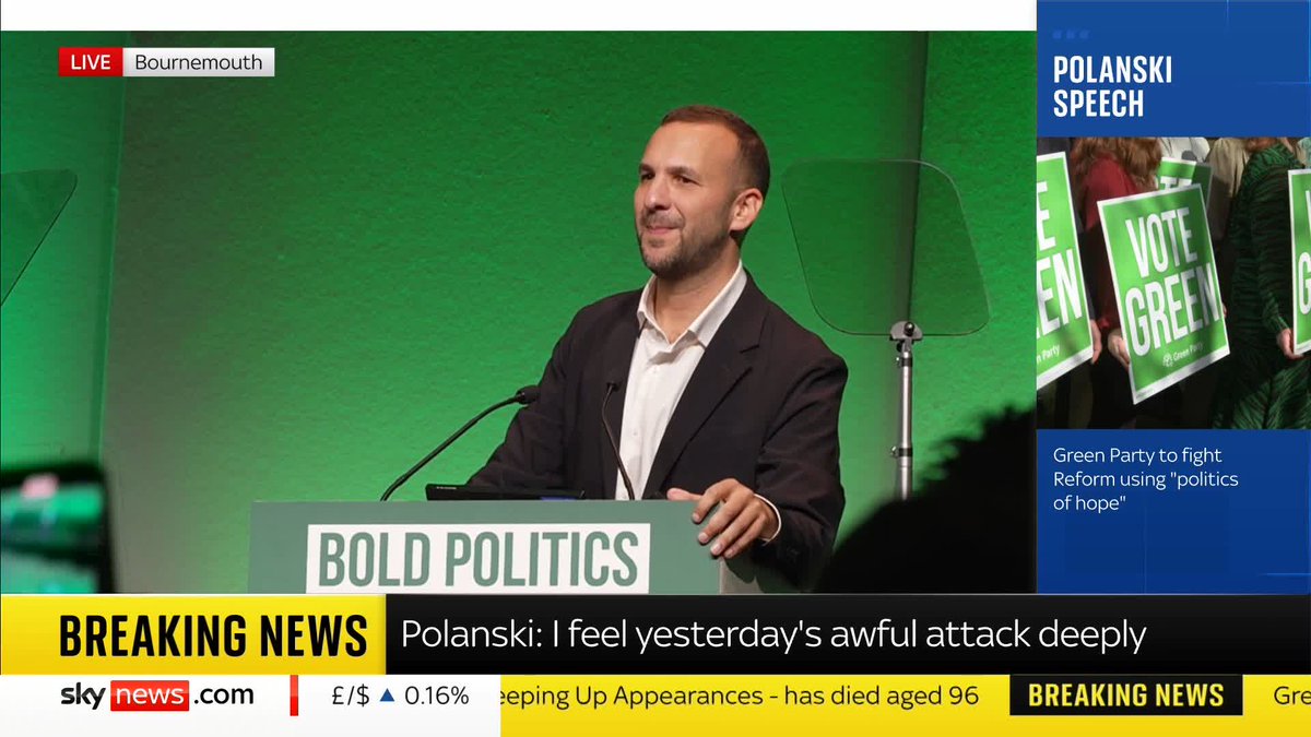 Green party leader Zack Polanski calls Nigel Farage a 'Trump-loving, tax-avoiding, science-denying, NHS-dismantling corporate stooge' in a speech at his party's conference. Politics latest 🔗 📺 Sky 501 and YouTube