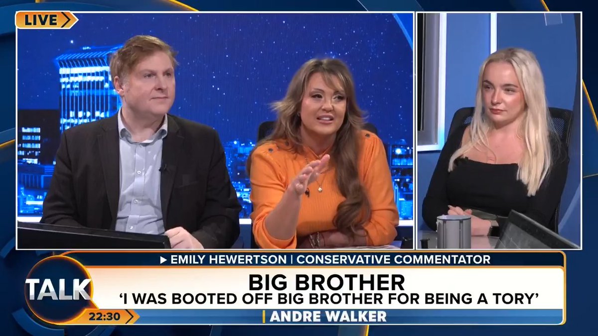 Conservative commentator Emily Hewertson says she was booted off Big Brother for being friends with Nigel Farage. "Having a big personality and being a Tory is a deadly combination." André Walker Danielle Nicholls Emily Hewertson 🇬🇧 🏴󠁧󠁢󠁥󠁮󠁧󠁿