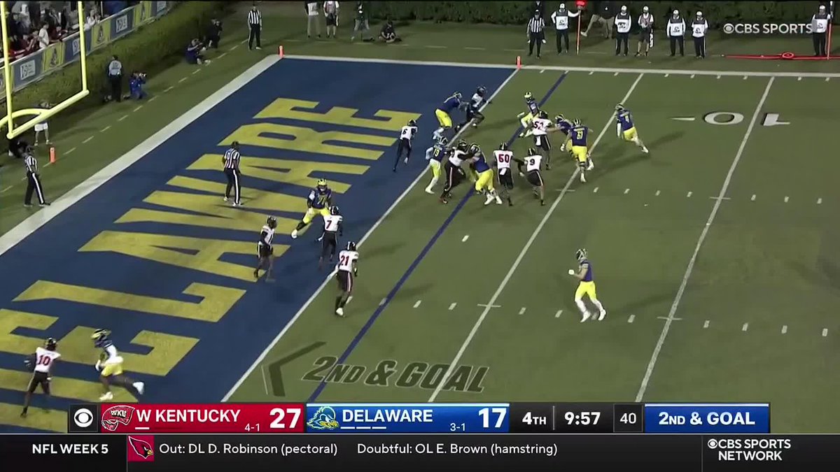 .Nicholas Minicucci IV redeems himself at the goal line by crossing in for his third score of the night 🤌🤌🤌 📺: CBS Sports Network Delaware Football | #NoLimitsOnUs | #WeekdayCUSA