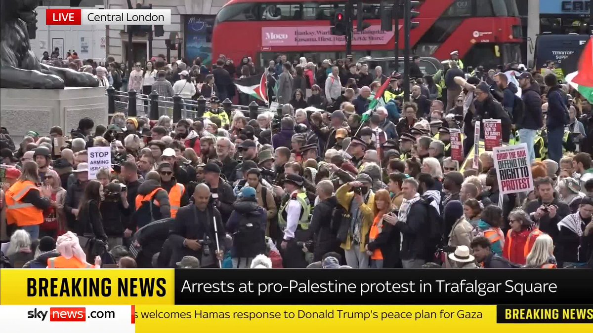 BREAKING: Arrests have been made in London's Trafalgar Square as pro-Palestine protestors gather despite calls from police and the prime minister to cancel in the wake of the Manchester synagogue terror attack. Sky's @JonCraig reports ⬇️ 📺 Sky 501