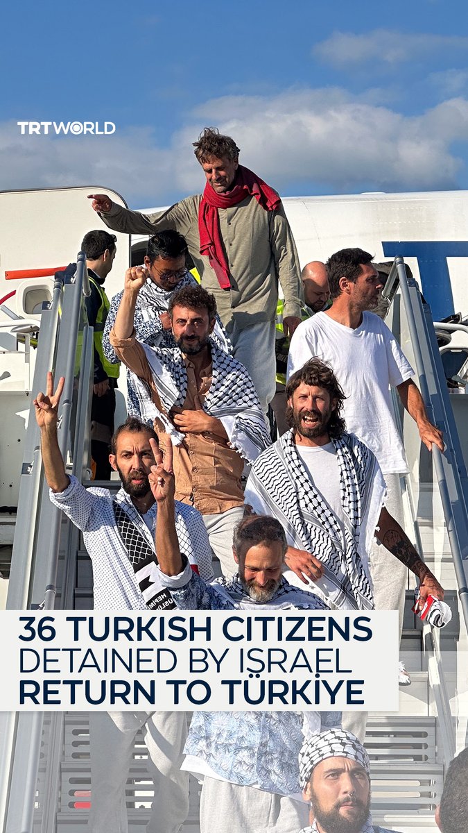 36 Turkish citizens detained by Israeli forces on Global Sumud Flotilla were returned to Türkiye on October 4 via a special flight. Aside from the Turkish citizens, nationals of Malaysia, the US, the UAE, Algeria, Morocco, Italy, Kuwait, Libya, Mauritania, Switzerland, Tunisia, and Jordan were also aboard the plane