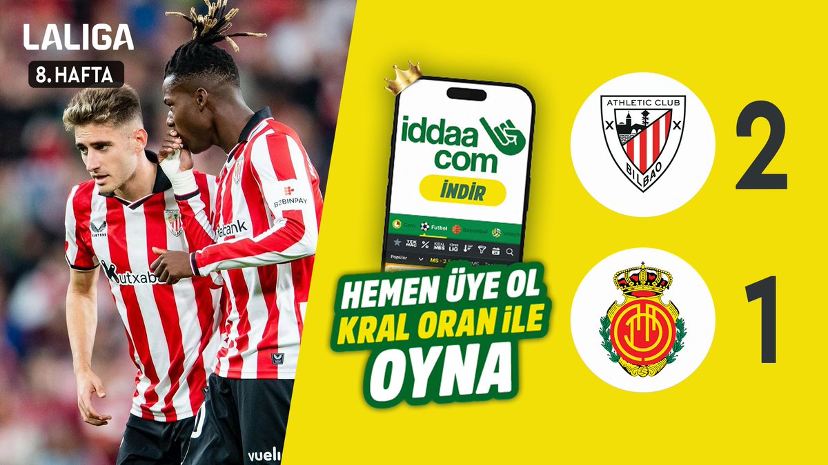 #LALIGA'nın 8. haftasında Athletic Bilbao, Mallorca'yı 2-1 mağlup etti. 🟡iddaa 🟡