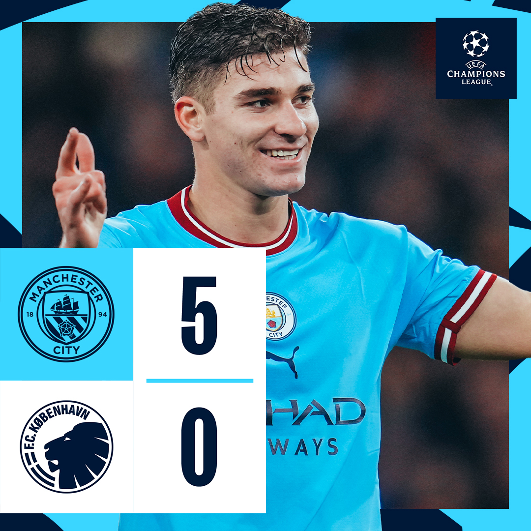 #OnThisDay: #ManCity 5-0 Copenhagen [2022] ⚽️ [7', 32'] Erling Haaland ⚽️ [39' OG] Davit Khocholava ⚽️ [55' P] Riyad Riyad Mahrez ⚽️ [76'] Araña 🕷