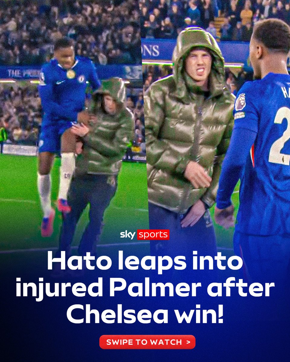 Ouch! 🤕 Jorell Hato leapt into an injured Cole Palmer following Chelsea's dramatic win against Liverpool, leaving Palmer clutching his groin in apparent discomfort...