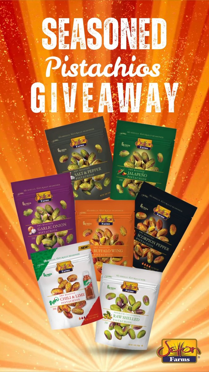 SEASONED PISTACHIOS GIVEAWAY❗ Ever tried all of Setton Farms’ 😋 Seasoned Pistachio Kernel varieties? Here’s your chance! Don’t miss out, and ENTER for a chance to win the full line as listed below. Just follow the rules in the caption 🍀 Good luck! 💚 #PoweredByPistachios Rules: 1) Follow us (Setton Farms) and Like this Reel 2) Tag a friend and invite them to enter 3) Optional for Extra Entries, Follow Us: 👉 IG 👉 TikTok 👉 BlueSky Prizes: 💚 5oz Tajín Seasoned Pistachio Kernels 💚 5oz Buffalo Wing Seasoned Pistachio Kernels 💚 5oz Salt & Pepper Seasoned Pistachio Kernels 💚 5oz Garlic Onion Seasoned Pistachio Kernels 💚 5 oz Jalapeño Seasoned Pistachio Kernels 💚 5 oz Scorpion Pepper Seasoned Pistachio Kernels 💚 5 oz Raw Pistachio Kernels Ends 10/10/2025. Setton Farms reserves the right to swap the giveaway products for another of the same value at its discretion. Participants must reside in the United States. Setton Farms will randomly choose and contact the winner(s). This giveaway is not associated with nor sponsored by X ⚠️ Beware of scammers! Setton Farms will Never ask you to click on a link or provide credit card information to claim a prize ⚠️ #SettonFarms #wellandgoodeats #cleaneats #healthyeats #plantbased #plantprotein #completeprotein #pistachios #recipe #receta #americasbesttastingpistachios #giveaway