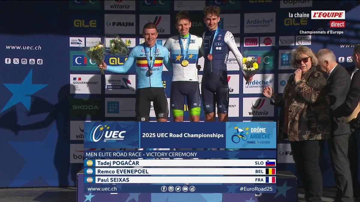 Le podium du Championnat d'Europe 🥇 🇸🇮 Tadej Pogacar 🥈 🇧🇪 Remco Evenepoel 🥉 🇫🇷 Paul Seixas #lequipeVELO #EuroRoad25