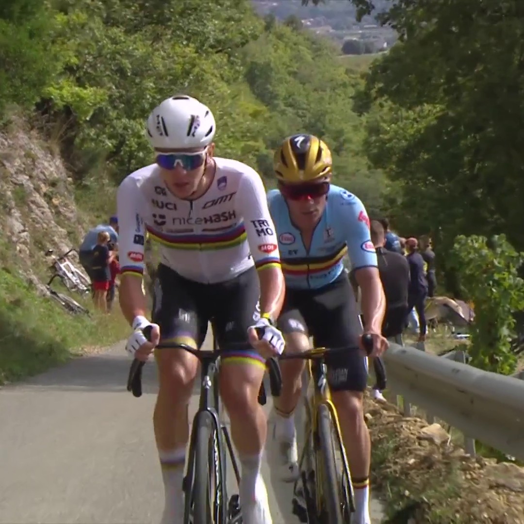 The French commentators: "No mechanical problem this time for Remco Evenepoel." 💥 The moment he decided to park and let Pogacar go instead of completely exploding. 75 km to go,crazy modern cycling! #EuroRoad25