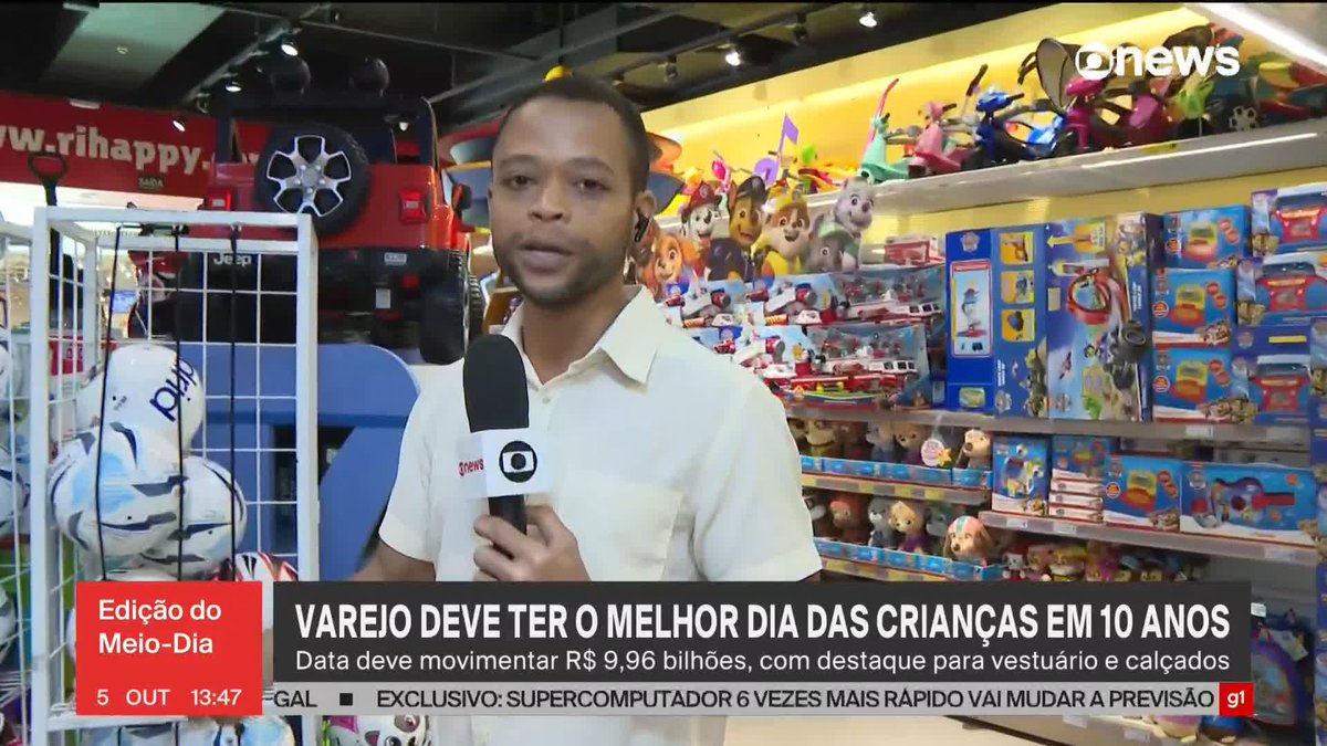 Varejo deve ter o melhor Dia das Crianças em 10 anos; data deve movimentar mais de R$ 9 bilhões. #EdiçãoMeioDia ➡️ Assista à #GloboNews: