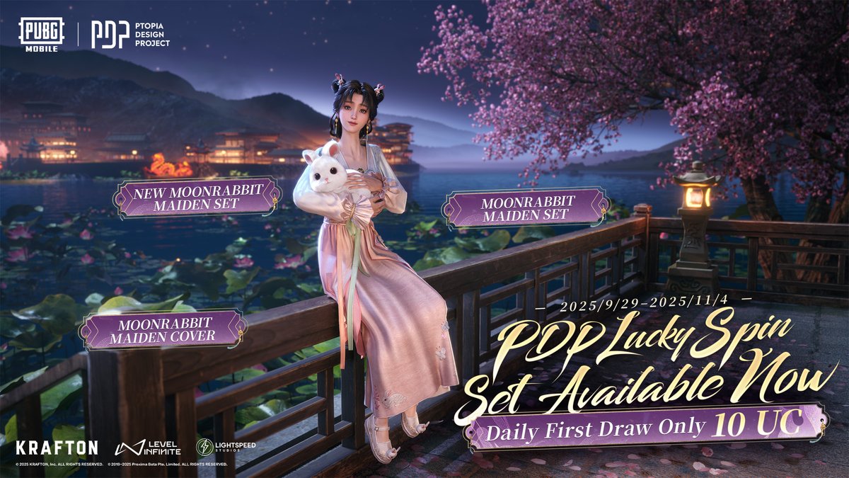 The new PDP Lucky Spin Set is available now! 🌕 Join the festivities of the Moonlight Festival with the 🐇 Moonrabbit Maiden Set to make the holidays feel extra special. 🗓️ Your first daily draw is only 10 UC! This set is available until November 4, so grab yours now! 📲 #PUBGMPDPMOON400 #PUBGMPDP400PV #PUBGMPDP400 #PUBGMPDP