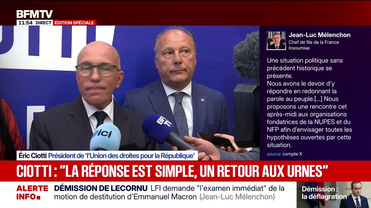 Démission de Sébastien Lecornu: Éric Ciotti se dit en faveur d'une "élection présidentielle" pour "repartir sur des bases saines"