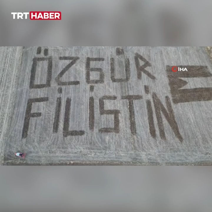Çanakkaleli çiftçi Gazze'ye destek için tarlasına 'Özgür Filistin' yazdı.