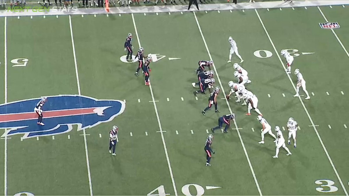 This was a great third-down pressure design by the #Patriots. Spillane simulates pressure by lining up on the line, then drops into a six-man zone structure (cover-3). Pats then bring S Jaylinn Hawkins on a blitz, overloading the right side of the line (4 on 3). Sack.