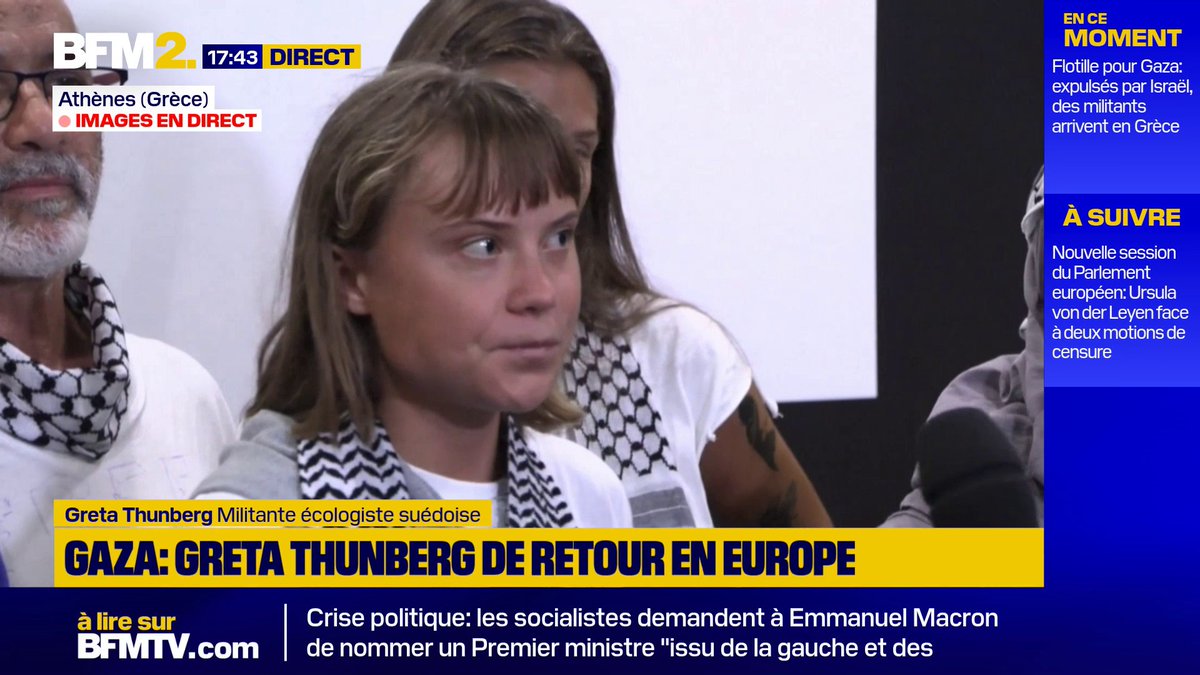 💬 "Il y a un génocide qui se déroule sous nos yeux" La militante écologiste suédoise, Greta Thunberg, s'exprime à son arrivée en Grèce après son expulsion d'Israël à la suite de l'interception de la flottille Global Sumud #BFM2