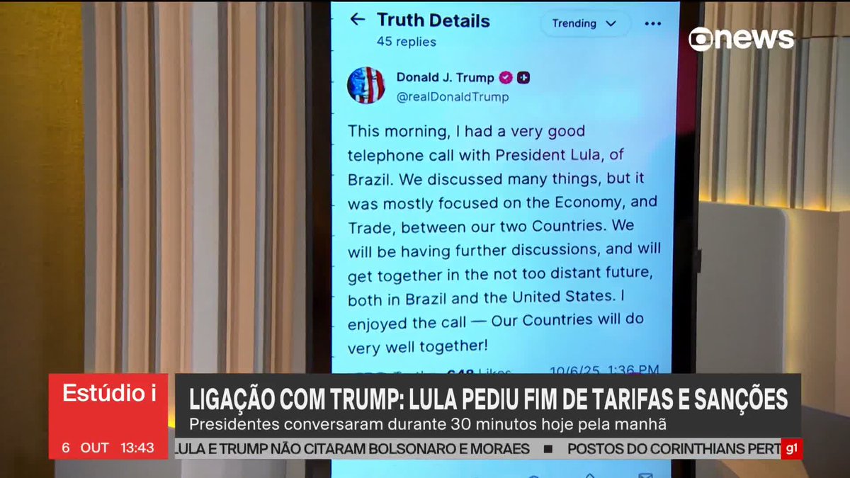 Em rede social, Trump fala da conversa com Lula nesta segunda-feira (6) e diz que gostou da ligação: “Nossos países vão se dar muito bem juntos.” ➡ Assista à #GloboNews:
