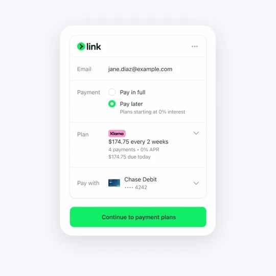🆕 Klarna is now available on Link! Let your customers buy now, pay later and check out faster.