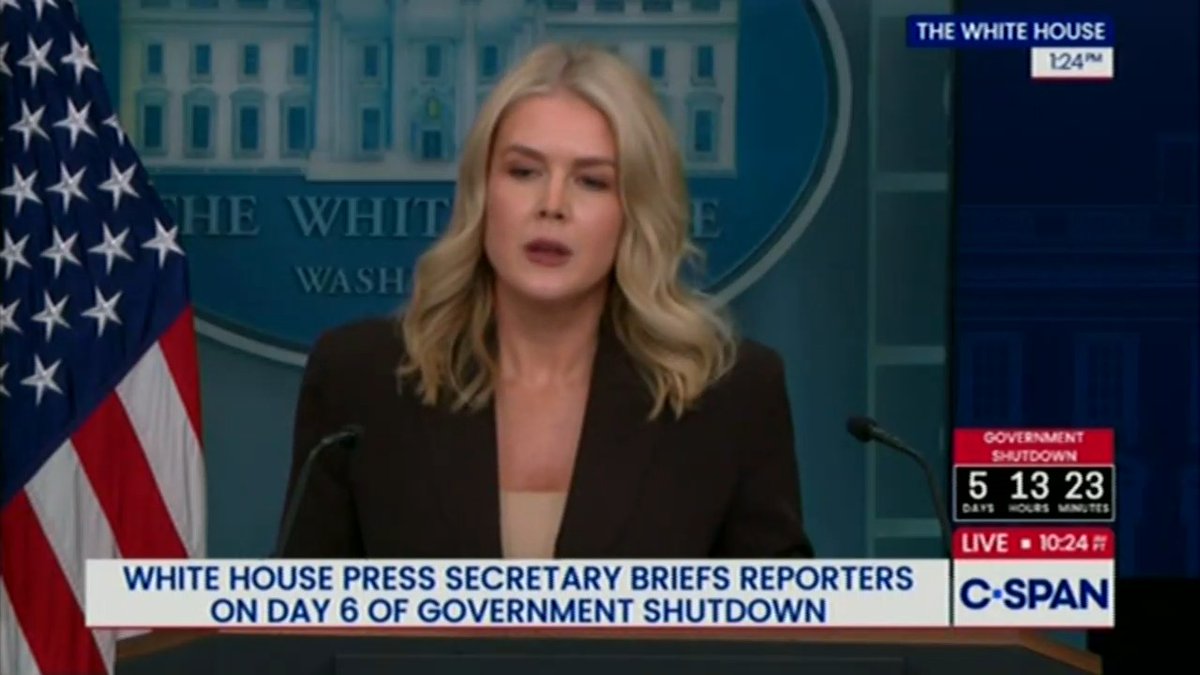Q: Is Trump calling Democratic senators? Can you say what he's doing today to resolve the shutdown? Leavitt: He was on the phone with Speaker Johnson. He's also spoken with the Senate Majority Leader (These are not Democrats)