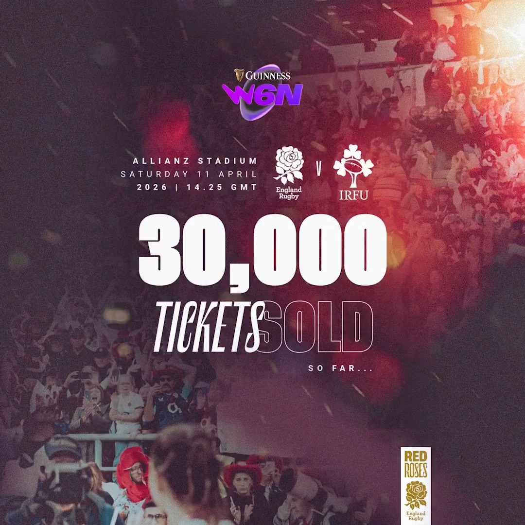 Selling like hot cakes! ๐ฅ๐๐น Just one week after hitting the 20,000 milestone, the #RedRosesโ first match of the Guinness Women's Six Nations has now moved up to 30,000 tickets sold! Get your tickets to England v Ireland at Allianz Stadium now ๐ #GuinnessW6N