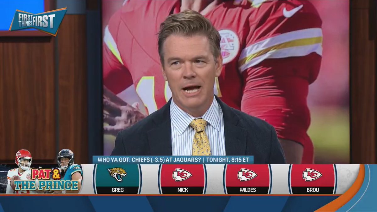 Greg is the only one picking against the Chiefs tonight so Nick wanted to make sure he was confident in the Jags 😅 nick wright: “Are you sure that’s the direction you wanna go?” Greg Jennings: “The question is: are you sure?”