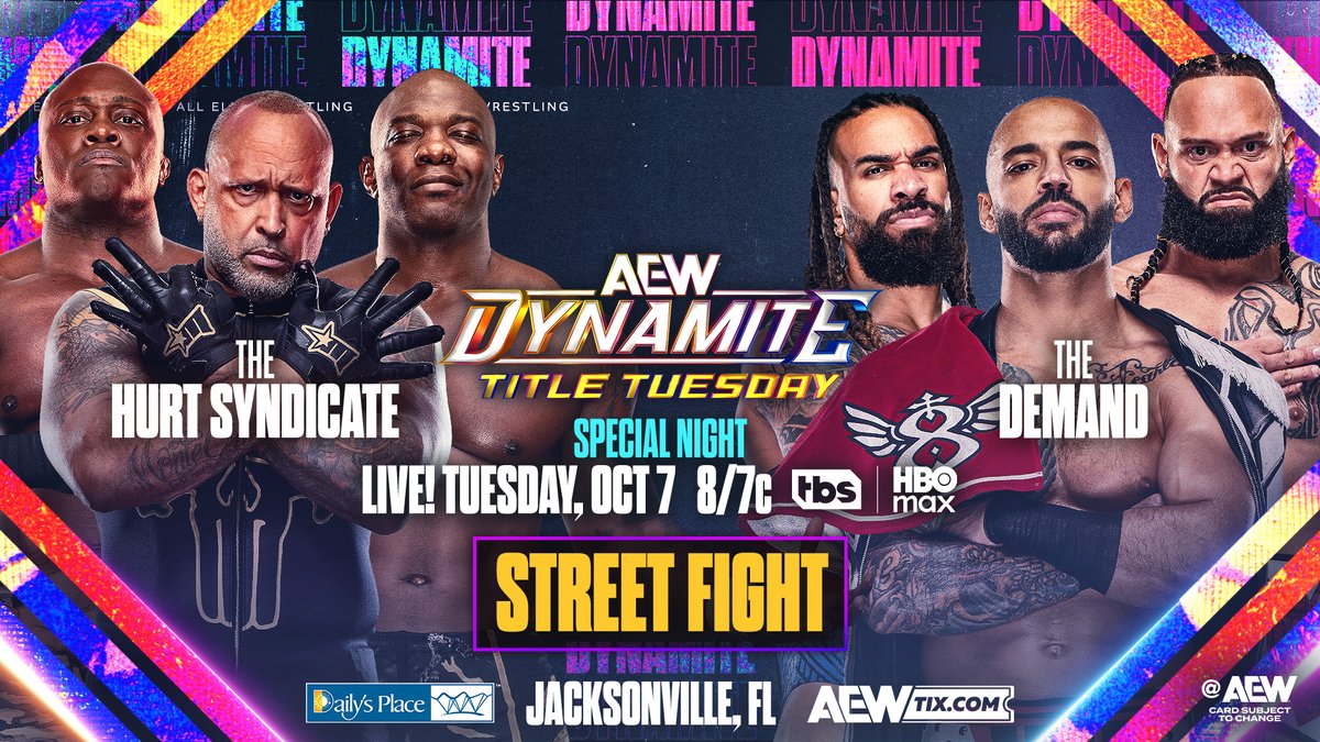 #AEWDynamite Title Tuesday 8pm ET/7pm CT, TBS + HBOMax TOMORROW, 10/7! Street Fight The Hurt Syndicate vs The Demand After The Demand got the win at All Out, MVP @FightBobby @SheltyB803 will battle Lightskin Kingpin @TheKaun Toa Liona in a Street Fight TOMORROW NIGHT!