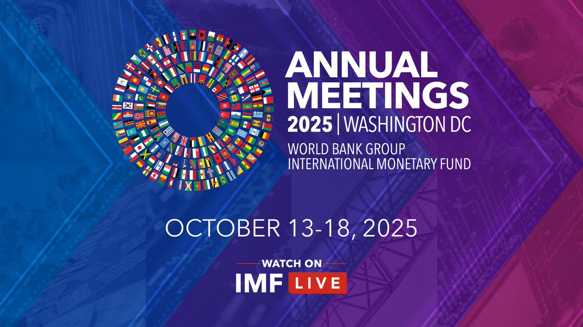 The 2025 IMF-World Bank Annual Meetings will take place from October 13 to 18. Join us virtually for: 🌐 Livestreamed sessions 💬 Expert panels and discussions 📰 Press conferences Explore the agenda and sign up for updates at: