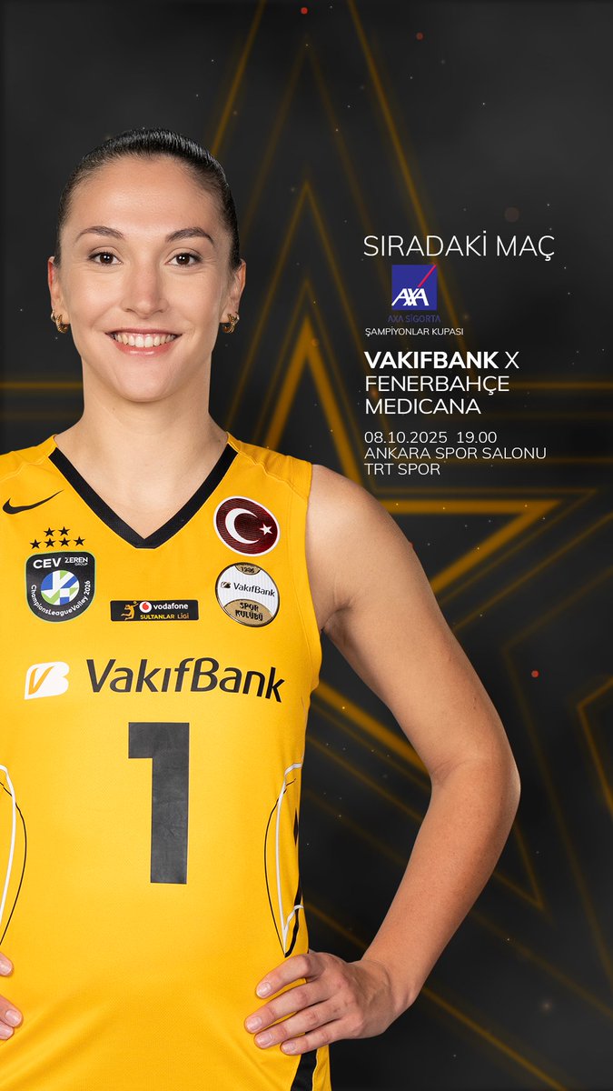 🏆 AXA Sigorta Şampiyonlar Kupası 🏐 VakıfBank – Fenerbahçe Medicana 📍 Ankara Spor Salonu 🗓 08.10.2025 📺 TRT Spor ⏰ 19.00