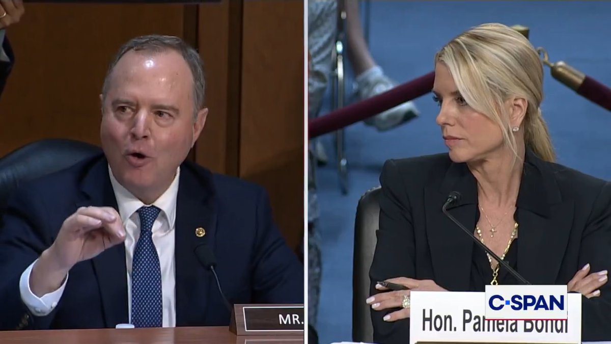 .Adam Schiff: "You refused to answer that question. This is supposed to be an oversight hearing." Attorney General Pamela Bondi): "Oversight!?! I think you owe the president an apology...clearly you're a failed lawyer because you don't understand when someone can and cannot answer a question."