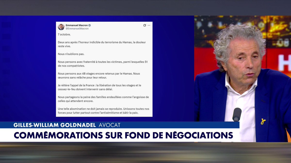 «Quelqu'un qui n'a pas marché contre l'antisémitisme, Emmanuel Macron peut faire tous les textes qu'il veut ... Cela n'a aucun intérêt pour moi», juge l'avocat Gilles-William Goldnadel sur le plateau de #HDPros2