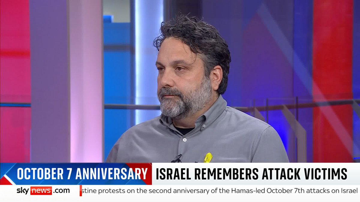 "They need to de-humanize us". Adam Ma'anit, a family member of an individual taken hostage by Hamas, speaks to @SkySarahJane as pro-palestine protests took place today on the second anniversary of the October 7th attack. 📺 Sky 501, Virgin 602, Freeview 233 and YouTube