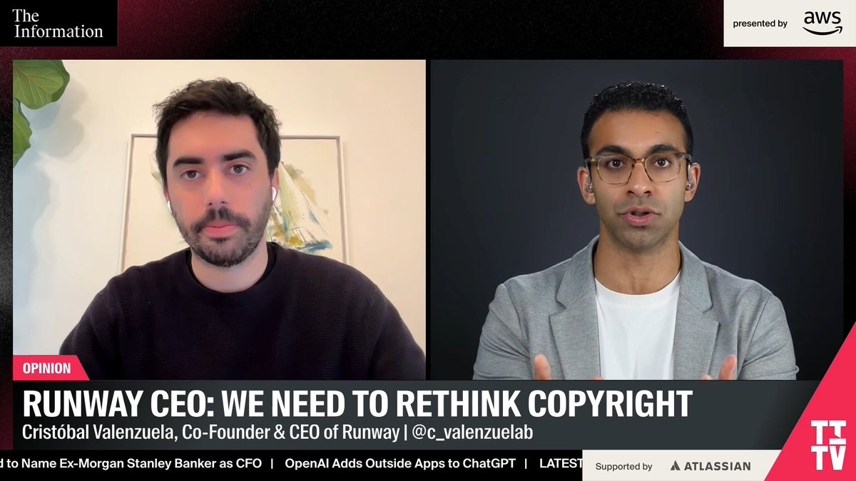 .Runway CEO Cristóbal Valenzuela explains why AI-generated content should have the same copyright protections as traditional art: "If artists are the ones communicating via this medium, then artists should hold their rights to anything they create.” Watch the full episode: