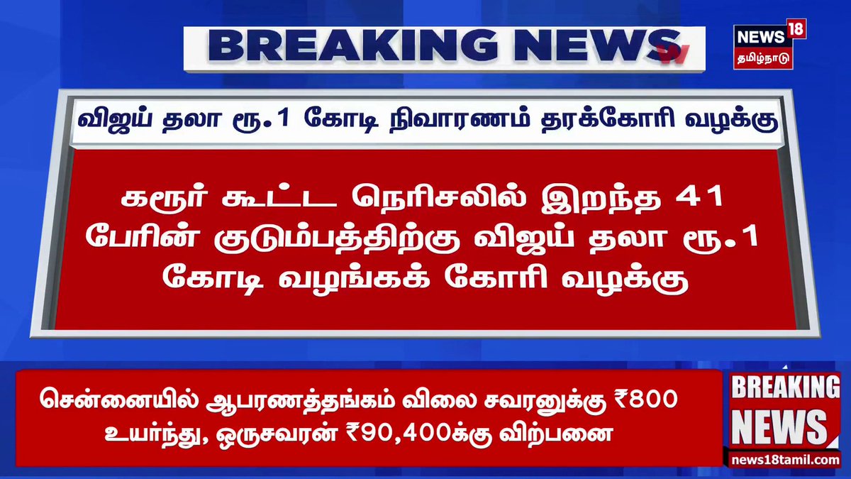 Breaking News | விஜய் தலா ரூ.1 கோடி நிவாரணம் தரக்கோரி வழக்கு | Karur Stampede | TVK Vijay | News18 Tamil Nadu #tvkvijay #karurstampede #news18tamilnadu