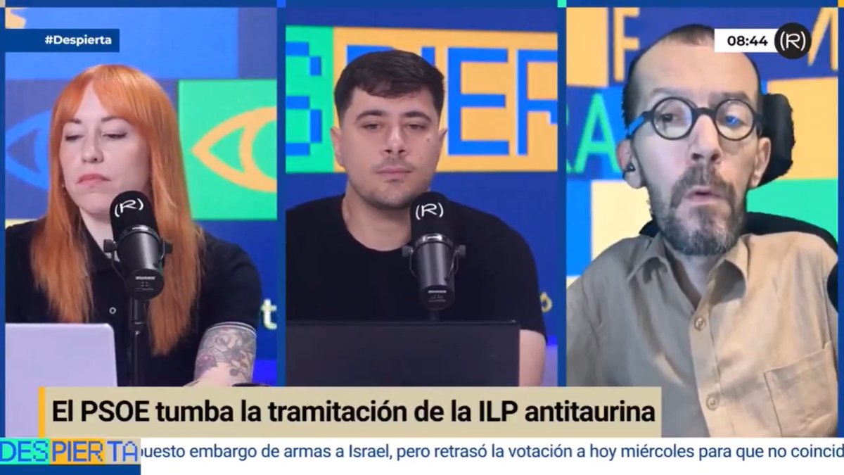 "El PSOE es un partido antitaurino asintomático, así como es republicano asintomático, laico asintomático, pacifista asintomático, federal asintomático. Es pro tauromaquia" Pablo Echenique sobre la ILP tumbada por PSOE, PP y VOX 👇🏽 📺 DESPIERTA!