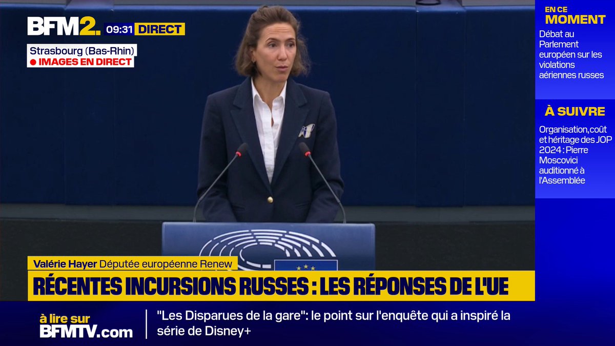 Incursions russes: "Nous devons monter d'un cran dans notre riposte. Si nous voulons être craints, il faut être puissant (…). Être puissant c’est aussi sanctionner Viktor Orbán qui envoie des drones hongrois dans le ciel ukrainien", estime Valérie Hayer (Renew) #BFM2