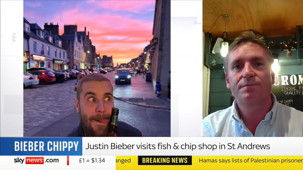 Justin Bieber ate fish and chips in St Andrews this weekend - but was it 'Yummy'? His order: fish, chips, beer, milkshakes and mozzarella sticks. Shop manager Charles Mair answers questions about Bieber's salt, vinegar and sauce choices. 📺 Sky 501