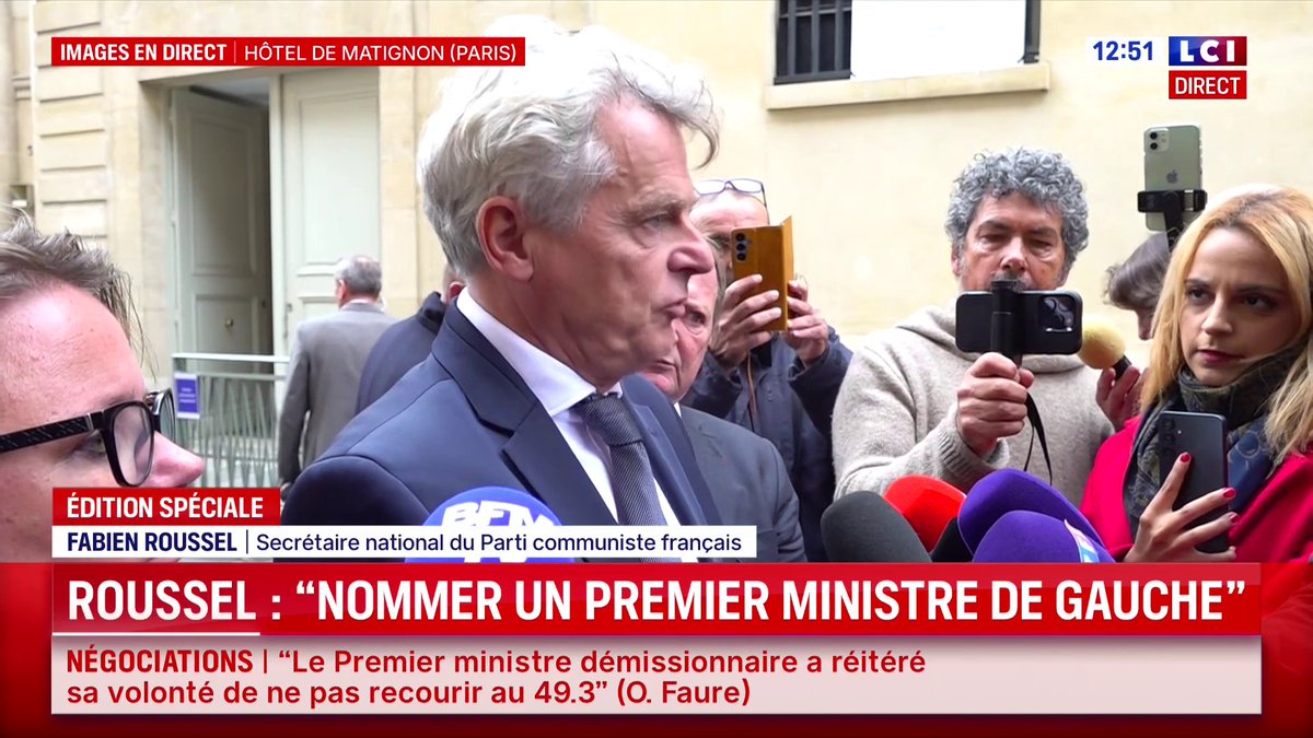 🔴 Sur un potentiel Premier ministre de gauche : "Nous ne voulons pas parler du nom (...) Si l'un d'entre nous était appelé il dira 'oui' et nous le soutiendrons (...) Nous sommes prêts", Fabien Roussel