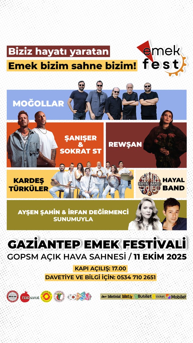 Antep Emek Fest 11 Ekim'de “Fabrikaya sıkıştırılmış hayatı kabul etmiyoruz. Biziz hayatı yaratan. Emek bizim sahne bizim” diyerek yola çıkan Antep işçilerinin festivali Emek Fest için katılımsız bilet çağrısı yapılıyor