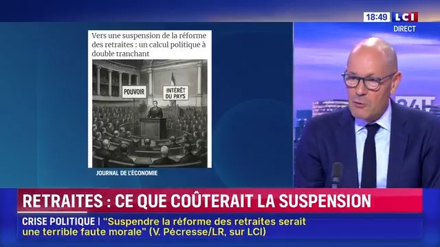 ▶️️️#Economie - Retraites : le coût de la suspension de la réforme “Comment expliquer aux pays qui nous prêtent, où l'âge de départ à la retraite est de 67 ans, qu'il faut nous aider à financer notre retraite à 62 ans ?" PERRI #24hPujadas #LCI #La15 ⤵️