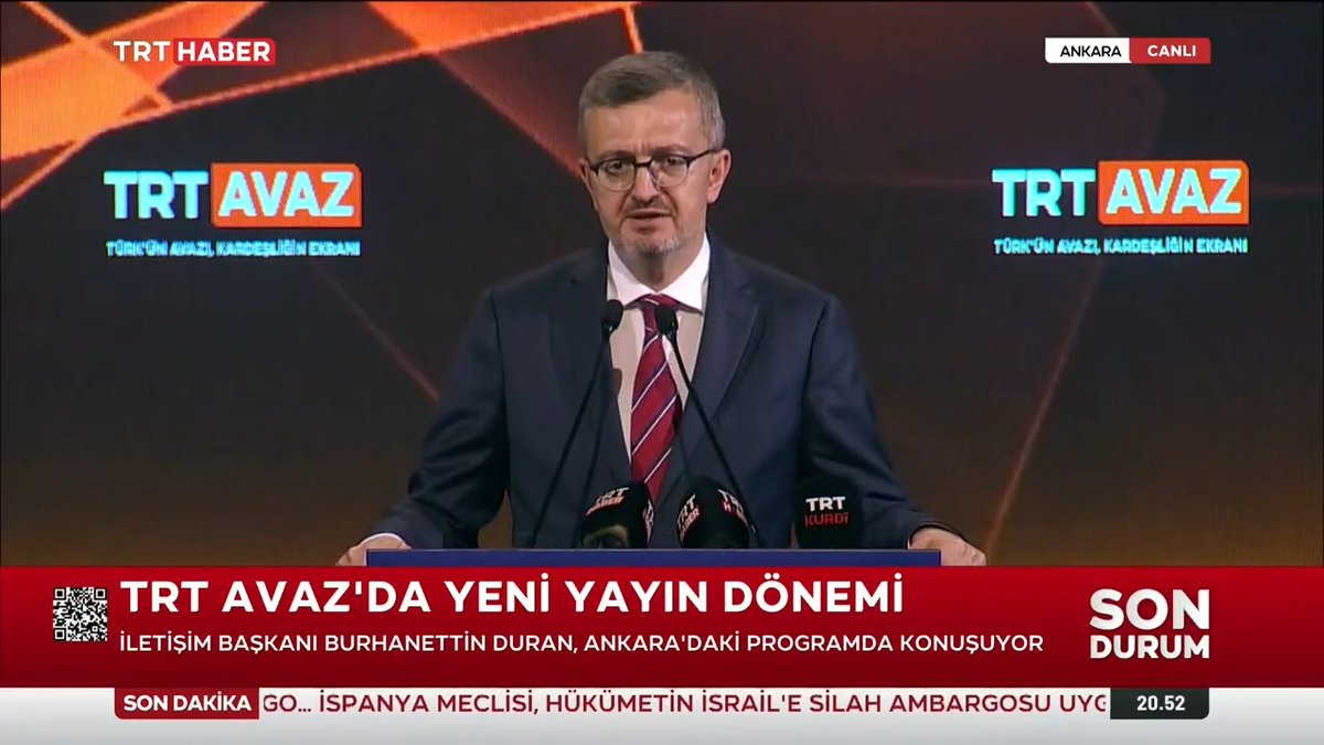 "TRT Avaz, bizi bizlere anlatıyor, gönül köprüleri kuruyor" İletişim Başkanı Burhanettin Duran: TRT Avaz, Türk dünyasını oluşturan 300 milyondan fazla insana hitap ediyor. Dünyanın dört bir tarafına yayılan kardeşlik ikliminin renklerini, seslerini ekranlara taşıyor.