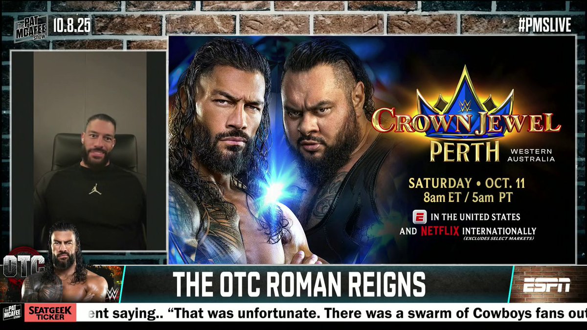 "We're gonna go just, head against the wall Goldberg style." Roman Reigns on his upcoming match at Crown Jewel this Saturday 😤 🔥 Stream Crown Jewel on the ESPN App this Saturday at 8 AM ET (via Pat McAfee)