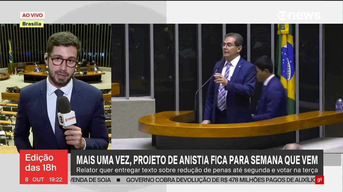 . Pedro Figueiredo: o relator do projeto de anistia, Paulinho da Força (Solidariedade-SP), quer finalizar até segunda-feira (13) o texto da redução das penas de envolvidos em atos golpistas, para que a votação aconteça no dia seguinte ou na quarta-feira (15). Preocupação de deputados é que o projeto tenha no Senado o mesmo fim da PEC da Blindagem. Saiba mais. ➡ Assista ao #Edição18: #GloboNews