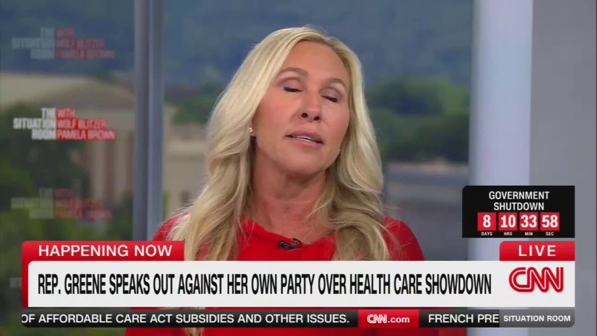 Marjorie Taylor Greene on CNN (!): "I'm getting phone calls from people that are saying if the ACA tax credits expire, they aren't gonna be able to have health insurance. They're going to have to drop it."