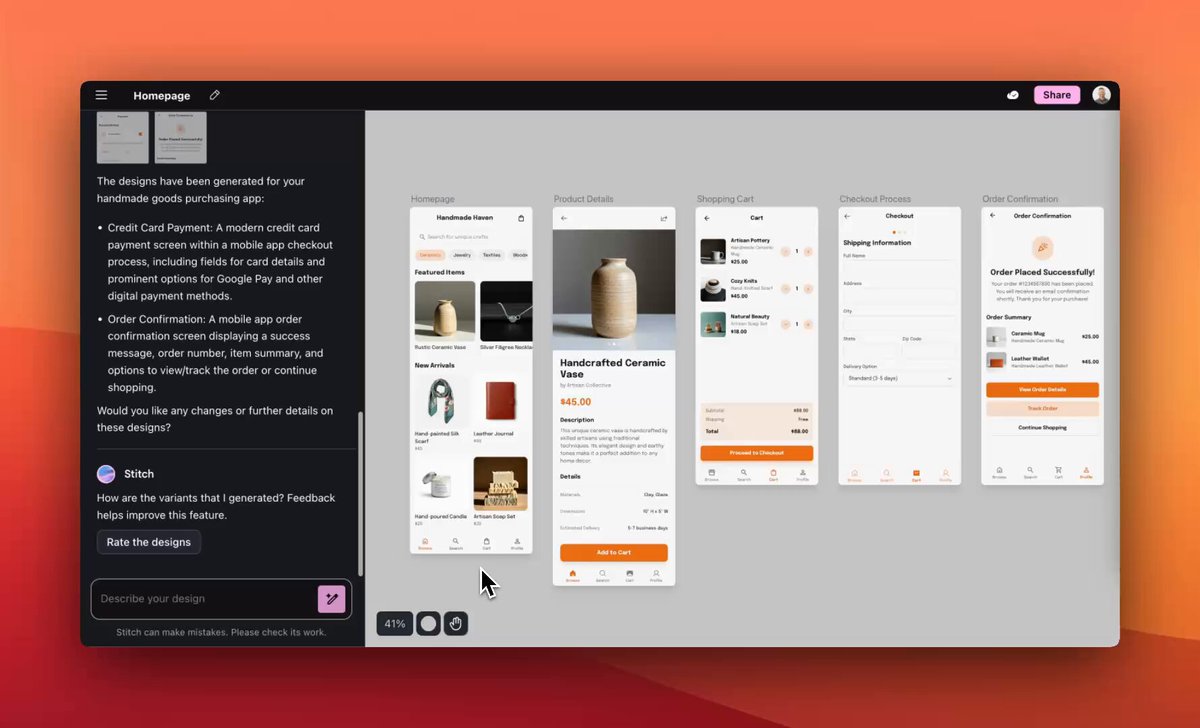 Introducing Prompted Variants ✨. It's a creativity amplifier for your design process. You can now guide your variants with a prompt. Get specific with UI changes ("show me different layouts") or describe a high-level goal like "make checkout easier" to rapidly iterate. Or, leave the prompt blank to have Stitch completely reimagine the screen for you. Watch as we uplevel this app's UI in a couple minutes. 👇