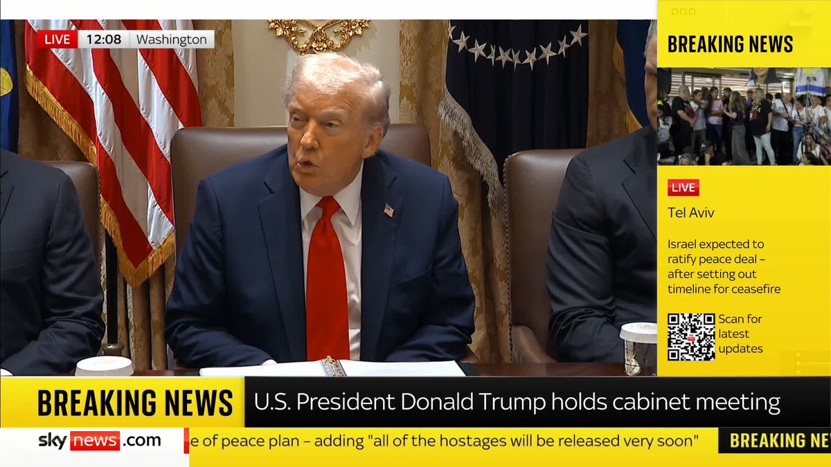 Donald Trump say the remaining Israeli hostages held by Hamas in Gaza will be released on Monday or Tuesday, stating that it is a "complicated process". He adds: "We're going to go to Egypt, where we'll have an additional signing."