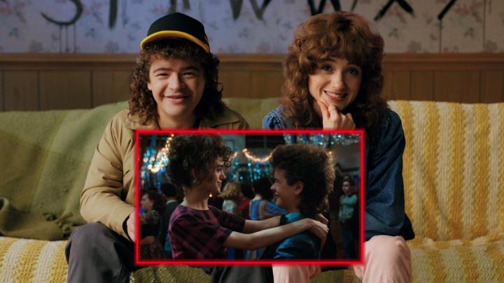 Natalia Dyer and Gaten Matarazzo re-watching their Season 2 Snow Ball scene 🥲